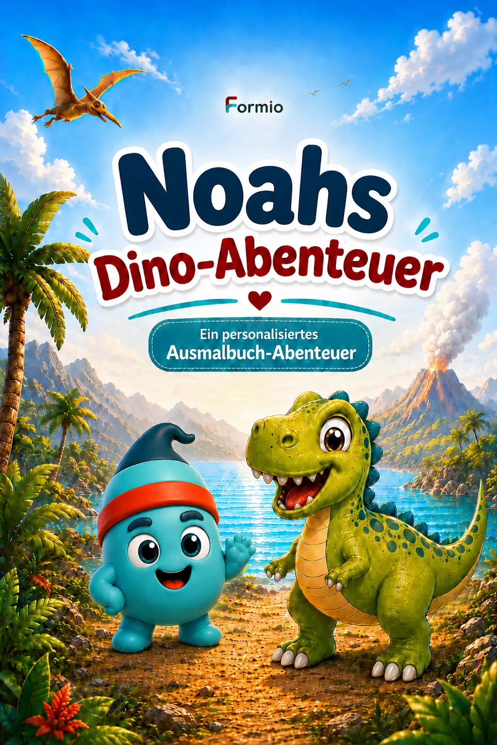 Noahs Dino-Abenteuer: Beispiel-Cover eines personalisierten Formio-Ausmalbuchs mit dem neuen Fio und einem Dinosaurier
